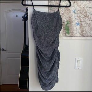 Elegant Silver Sparkle Ruched Mini Dress Sexy Going Out NYE New Year’s eve Party